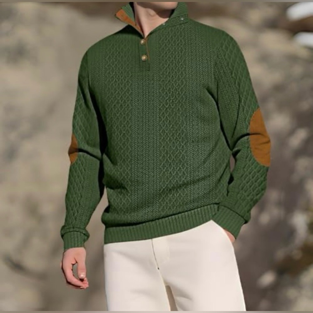 NWT Men’s Henley Pullover In Green Textured Cable Knit W/Brown Accents Size XL